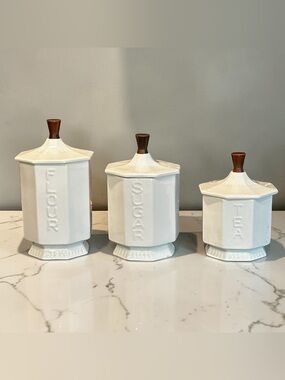 Vintage MCM Ceramic Canister Set – White Glaze & Tapered Wood Handles